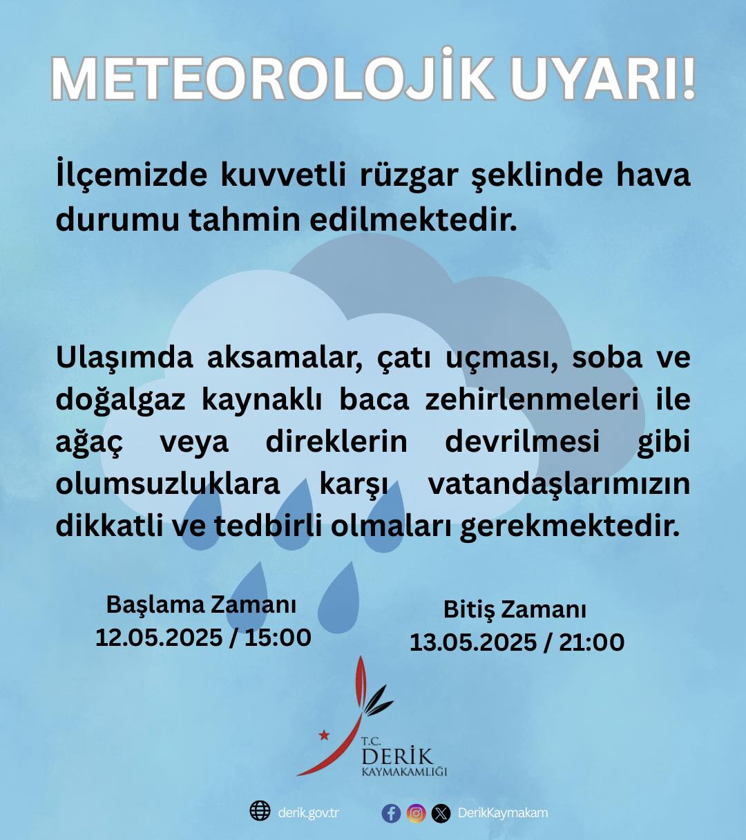 İlçemizde yaşanacak kuvvetli rüzgarla ile ilgili Meteorolojik Uyarı, 